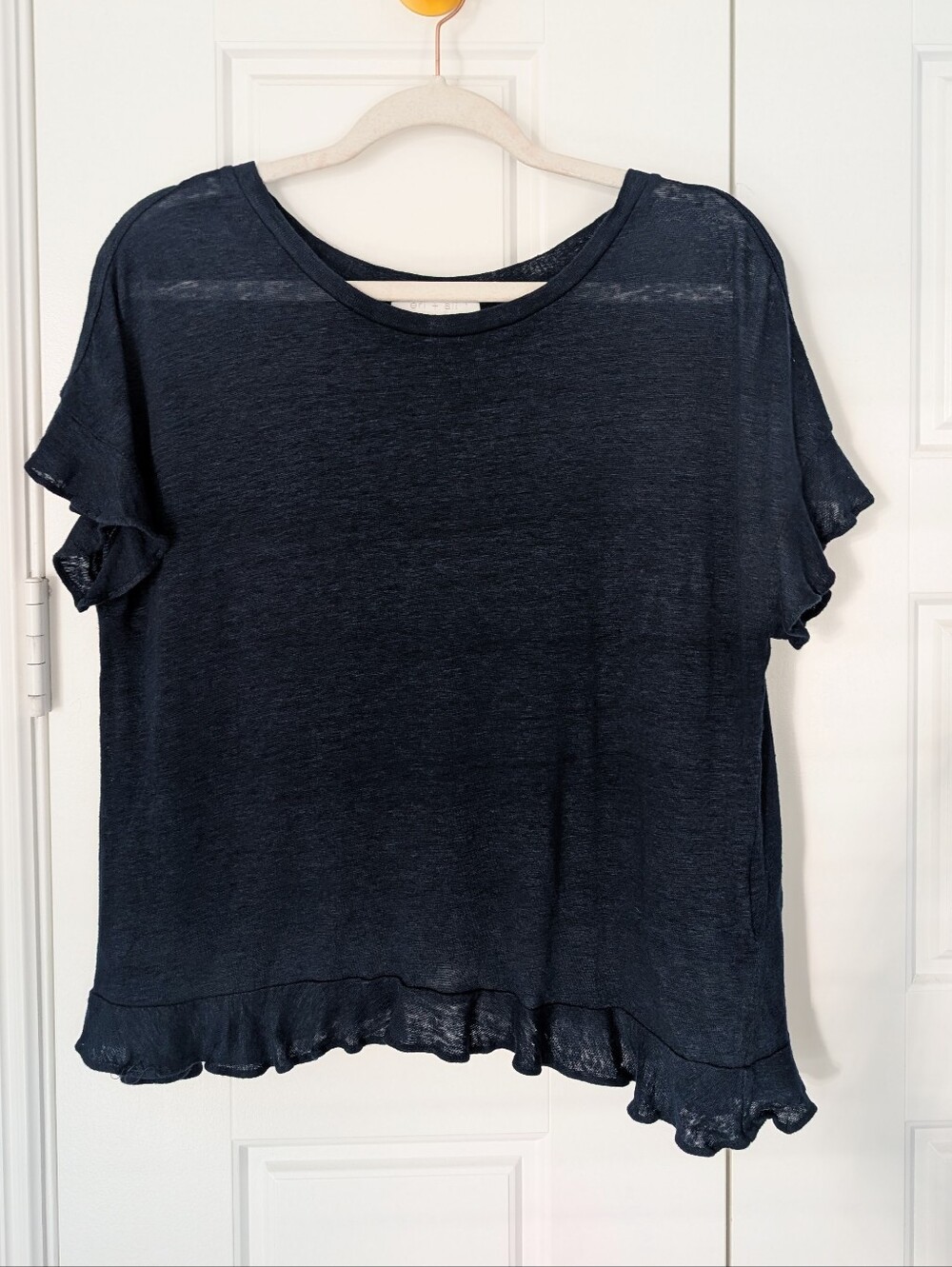 Anthropologie Eri&Ali 100% Soft Linen Navy Ruffle Hem Short Sleeve Top